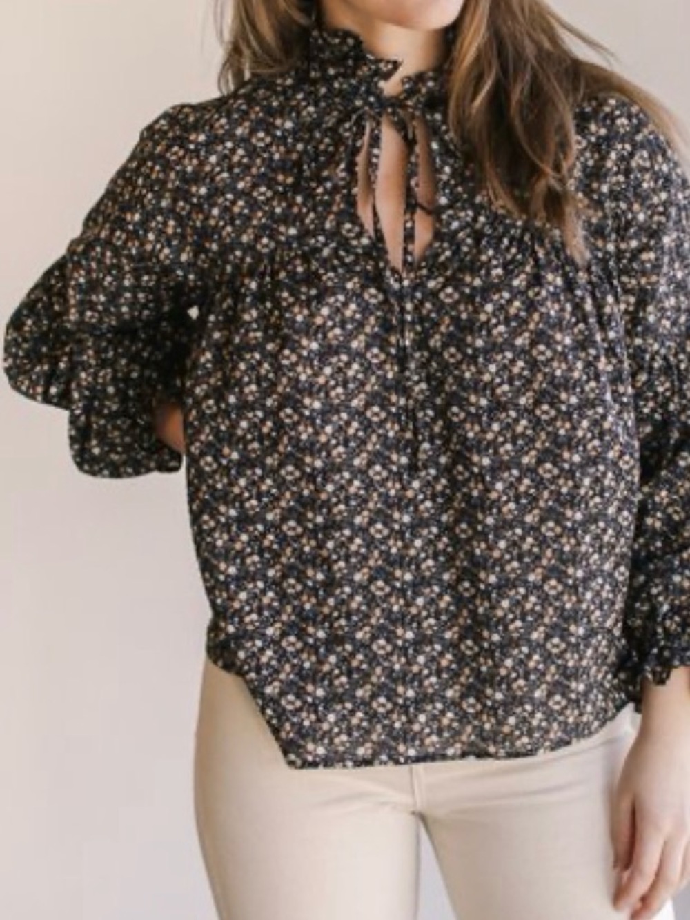 NWOT A Bronze Age Louie Top Cotton High Neck Ruffle Black floral Size Medium